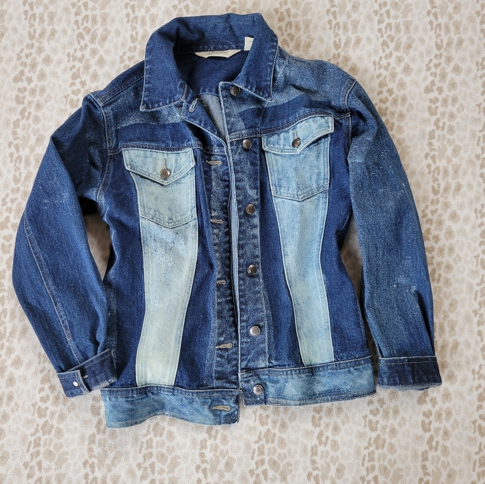 Two-Tone Trucker Jacket Dark Jean Bleached Colorblock Denim St John's Bay M
